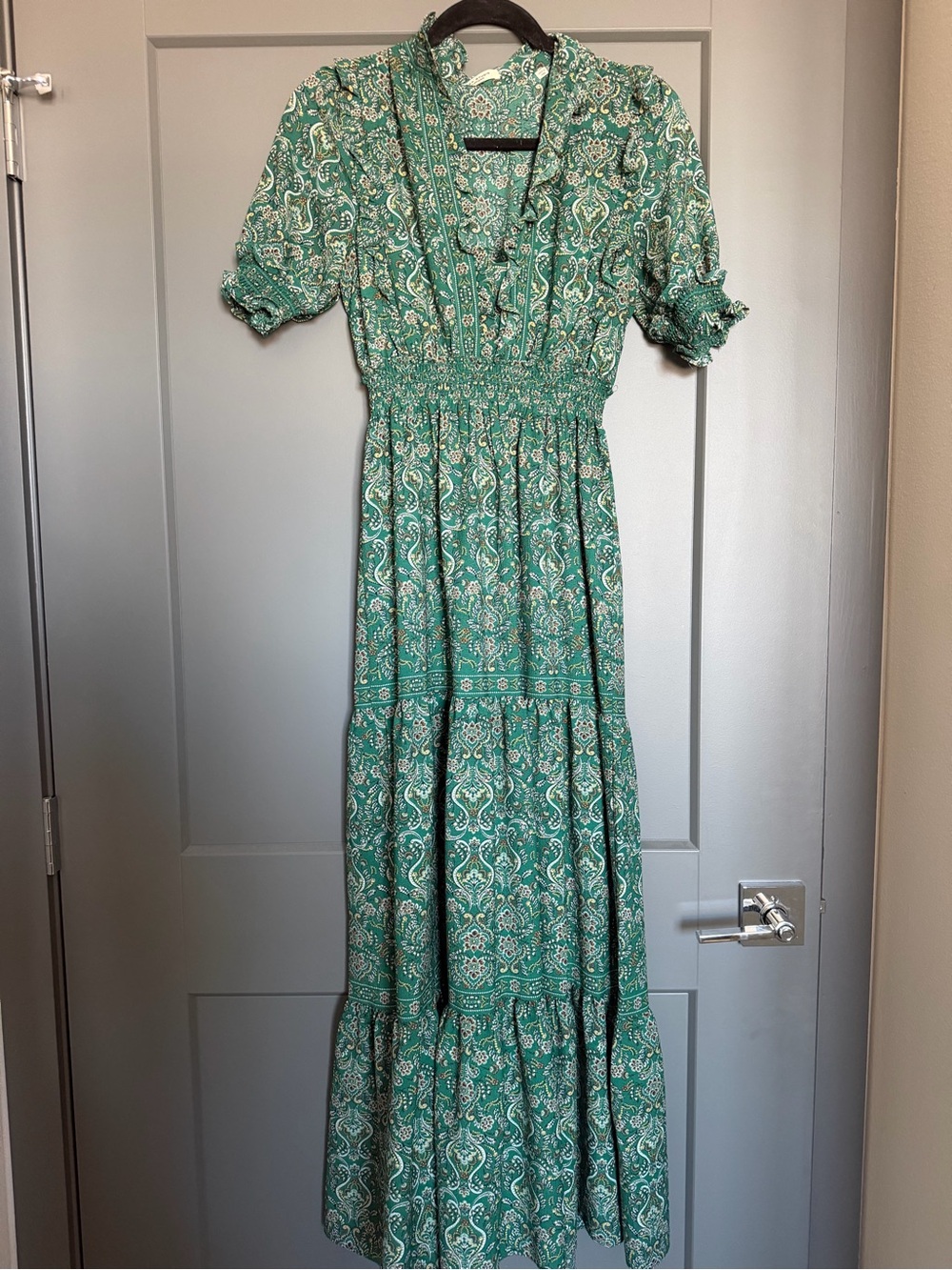Max Studio Green Paisley Tiered Smocked Maxi Dress